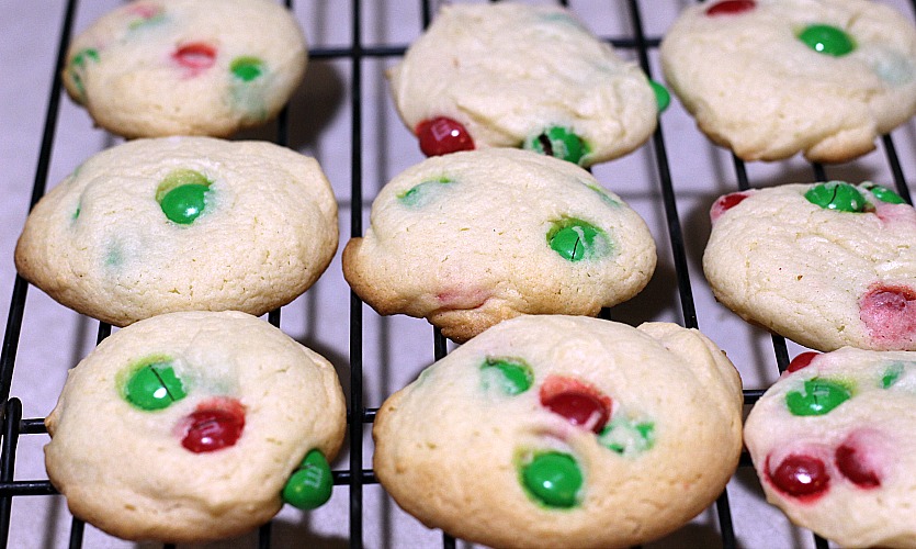 M&M Cake mix cookies on a baking rack