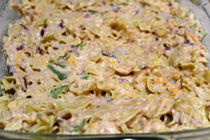 Tuna Noodle Casserole In Pyrex casserole dish before topping with cornflakes