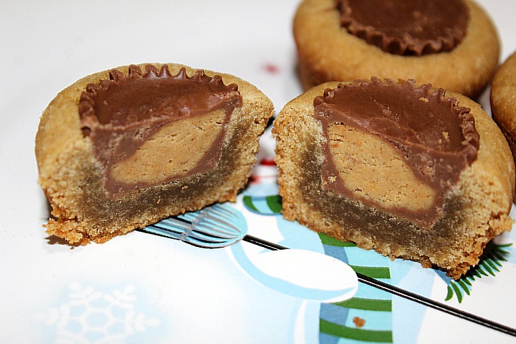 Inside Peanut Butter Cup Cookies on a snow man plate 