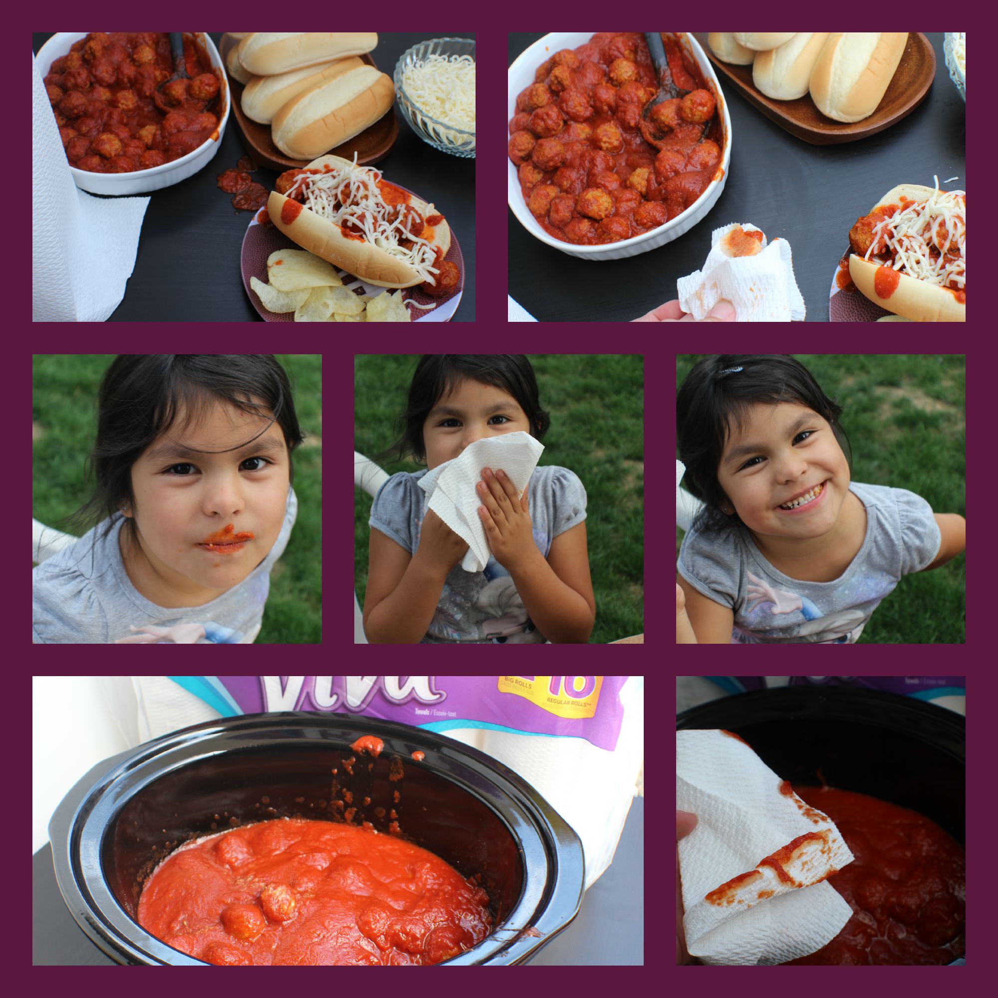 Collage of meatball subs with little girl cleaning her face and viva papertowels