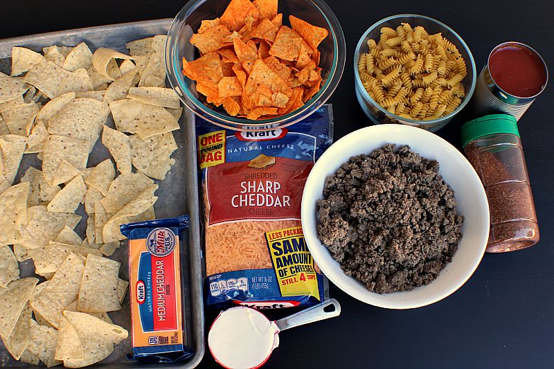 Ingredients for taco twist casserole with a pan of tortilla chips for nachos 