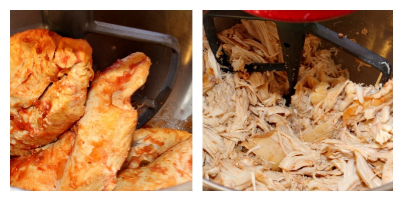 Cooked Salsa chicken breasts in mixer with paddle on left, on right shredded chicken in mixer with paddle