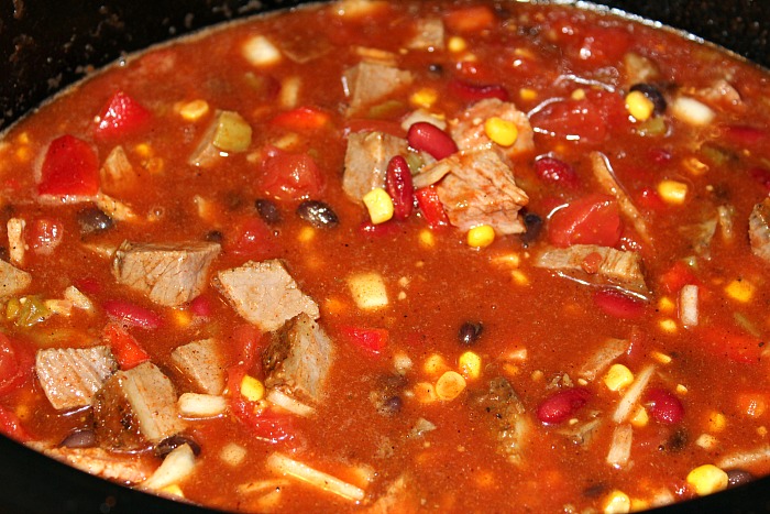 Cooked crockpot Brisket chili in crockpot 