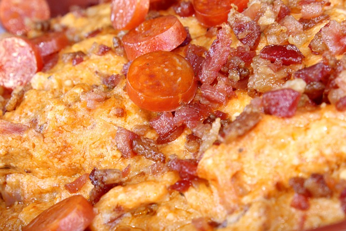 Slow Cooker Meat Lovers Pizza Dip cooked in the crockpot 
