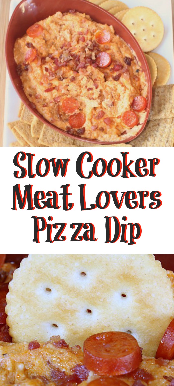 This Slow Cooker Meat Lovers Pizza Dip is the perfect dip to make for tailgating!! A fun twist on pizza with no prepwork required for gettogethers.