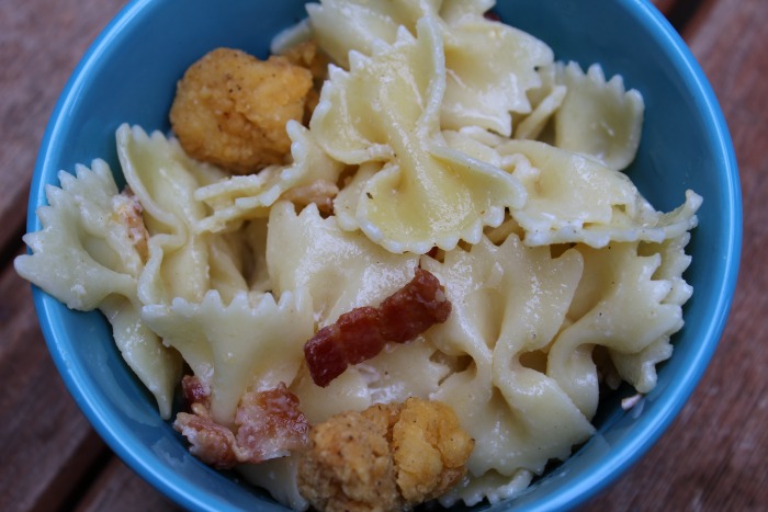 This Popcorn Chicken Pasta Salad is perfect to take to a get together or BBQ!! Combine ranch, popcorn chicken, and bacon into a pasta salad a sure fire hit!