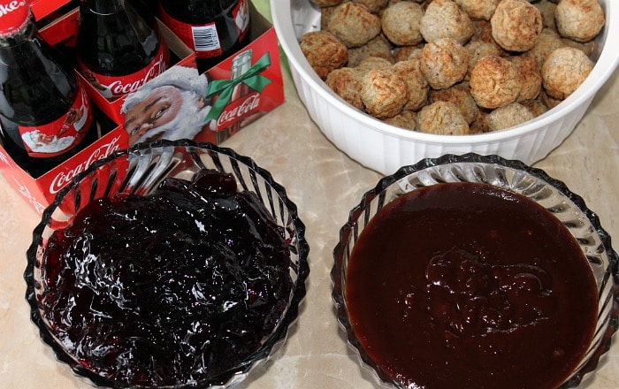 Grape Jelly Ingredients in bowls with six pack of coca cola 