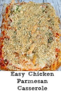This Easy Chicken Parmesan Casserole perfect for any crazy weeknight! Just dump into a casserole pan and bake for an easy dinner the whole family will love!