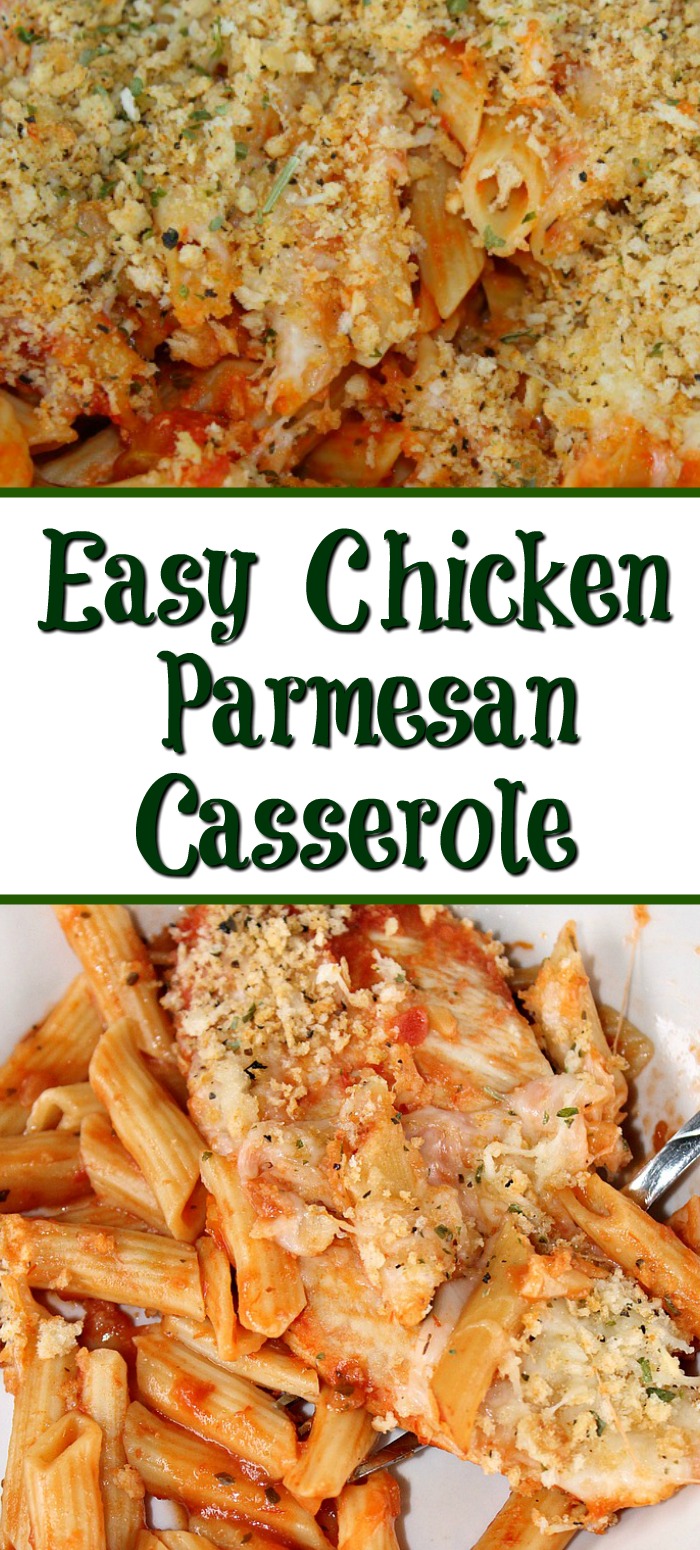 This Easy Chicken Parmesan Casserole perfect for any crazy weeknight! Just dump into a casserole pan and bake for an easy dinner the whole family will love!