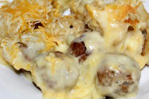 Easy Meatball Tater Tot Casserole served on white plate