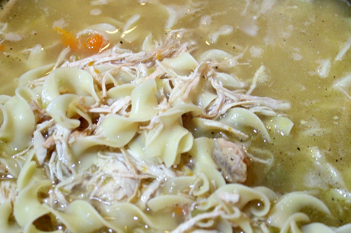 Homemade stove top chicken noodle soup in stock pot