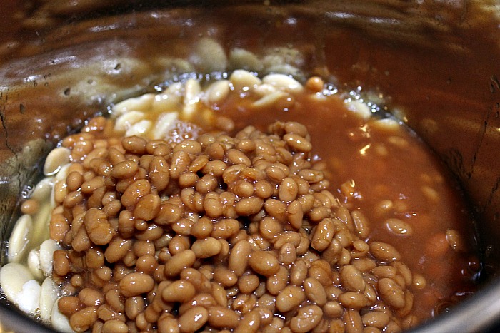 Beans in bottom of Instant pot for Loaded Baked Beans