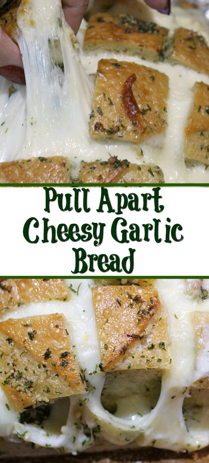 This Pull-Apart Cheesy Garlic Bread is perfect to pair up with pizza or as an appetizer just by itself for holidays, game night, or tailgating! So easy to make using a round sourdough loaf!