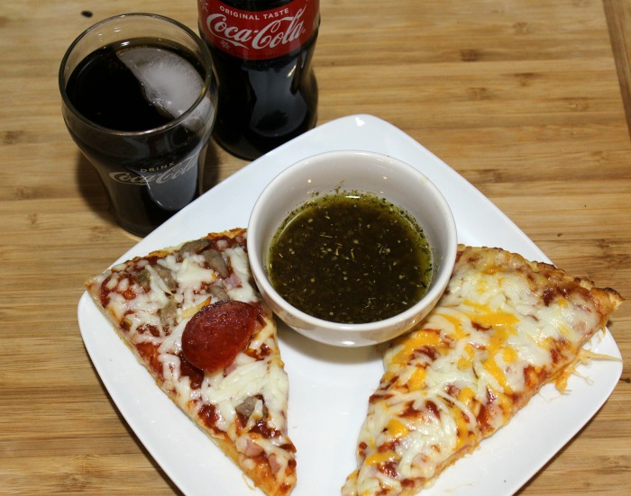Homemade Garlic Parmesan Dipping Oil with frozen pizza and coke 