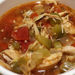 Slow Cooker Chicken Fajita Soup cooked and served in a white bowl