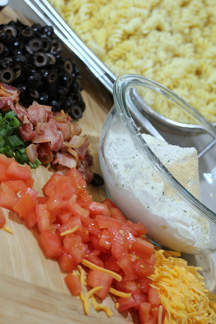Bacon Ranch Pasta Salad Ingredients Spread out on cutting board