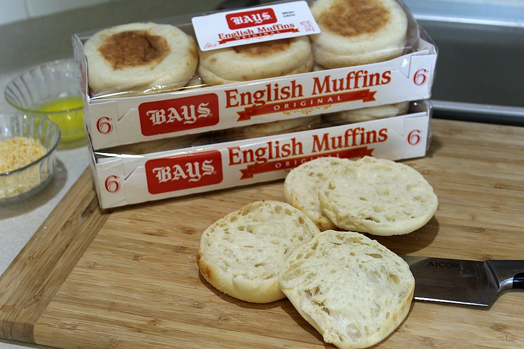 Old Bay English muffins stacked with two open