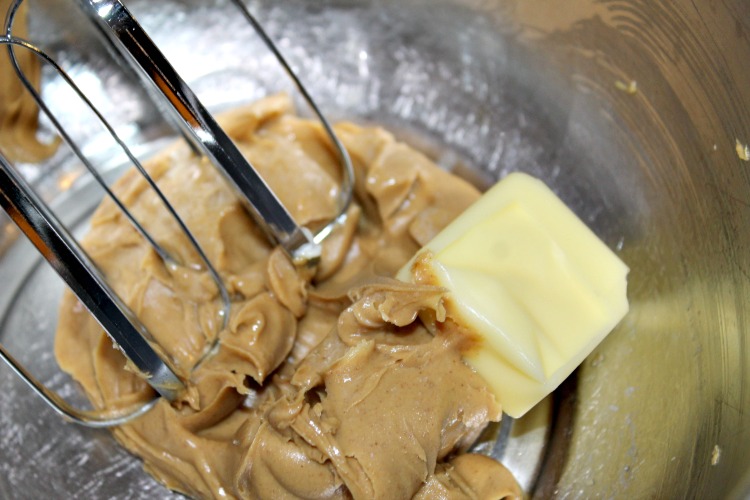 Peanut Butter and butter in a mixing bowl before mixing 