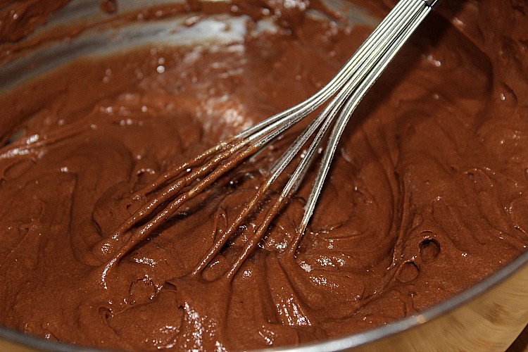 3 Ingredient Chocolate Muffins mixed in metal bowl with whisk