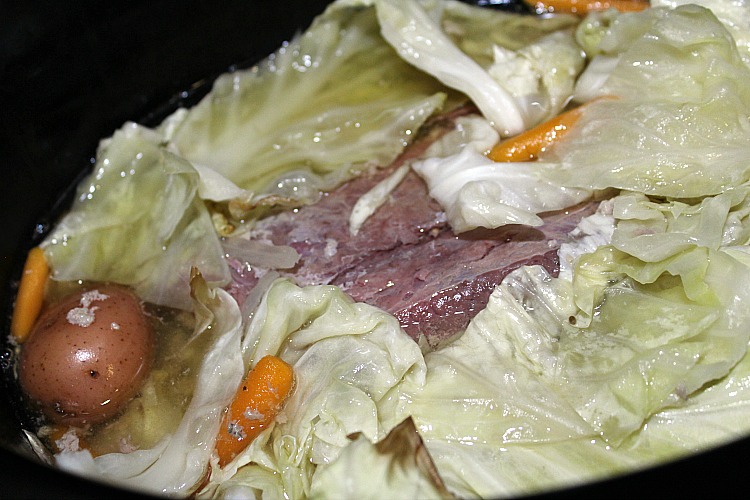 Cooked Crockpot Corned Beef And Cabbage in crockpot 