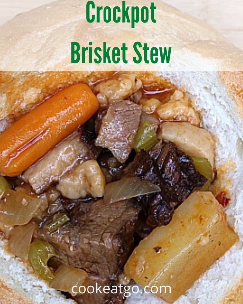 This Crockpot Brisket Stew Recipe is the perfect way to use up leftover smoked brisket! Allow to slow cook and serve in a bread bowl for a tasty dinner.