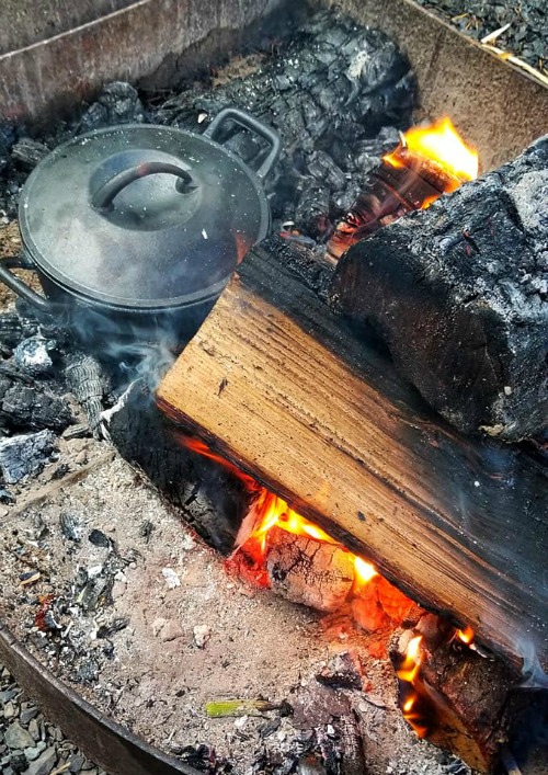 Dutch Oven in Campfire Cooking Beef Stew