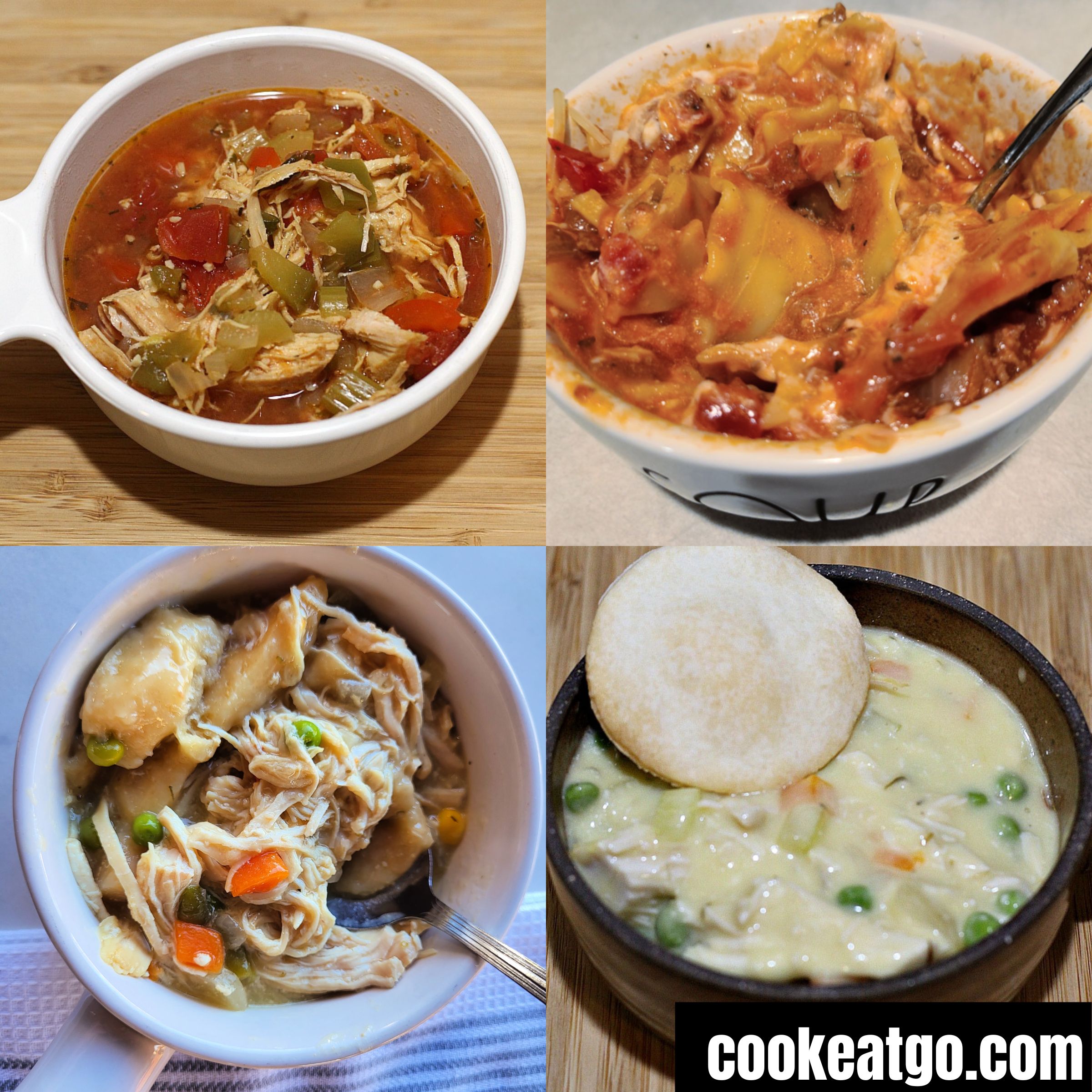 Collage of Chicken Fijat Soup, Lasagna Soup, Chicken and Dumpling Soup, and Chicken pot Pie Soup