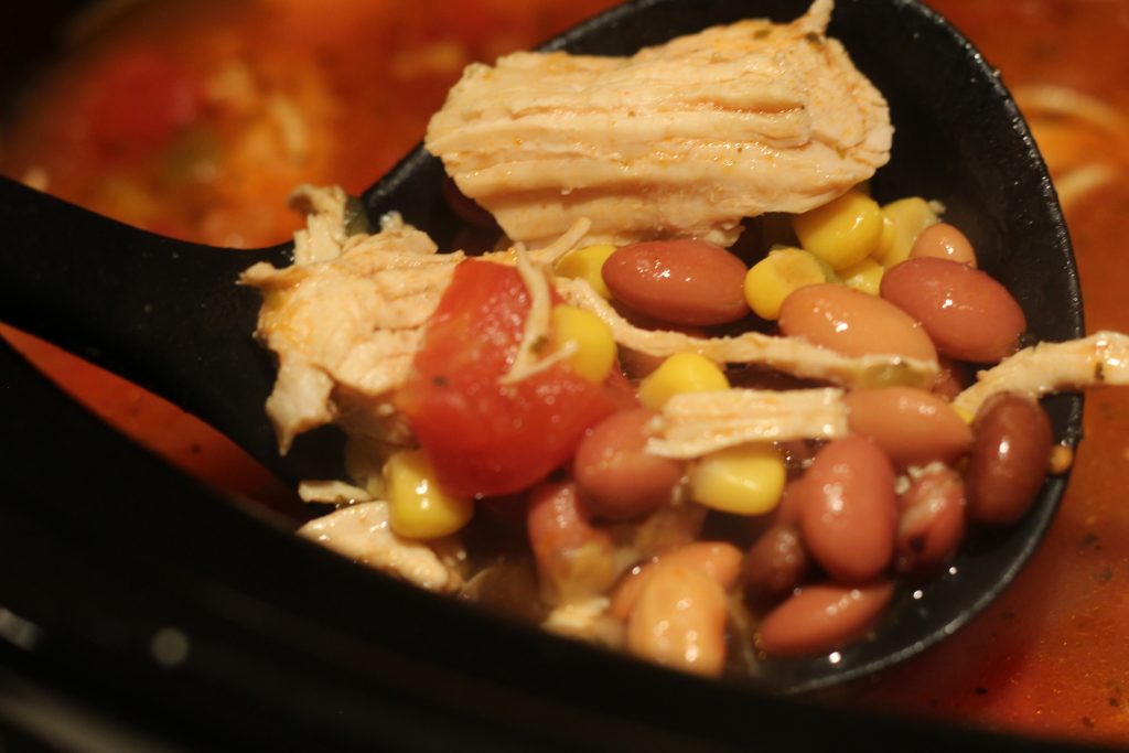 Weight Watchers Chicken Taco Soup in a ladle