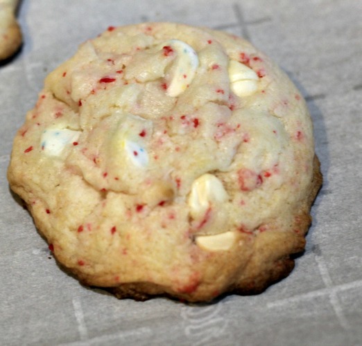 Baked Cherry Chip Cake Mix Cookies on parchment paper 