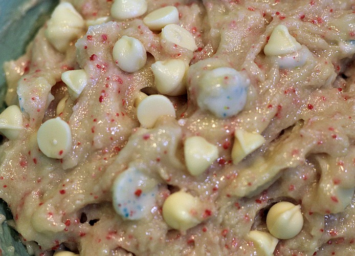 Cherry Chip Cake Mix Cookies batter mixed in a bowl 