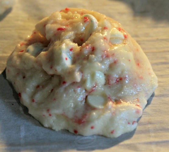 Cherry Chip Cake Mix Cookies scooped on parchment paper before scooping