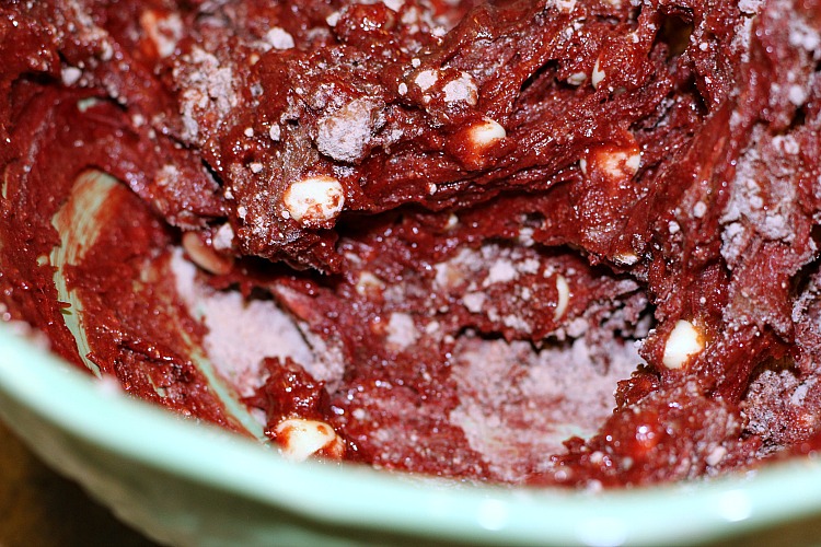 Red Velvet Cake Mix Cookies Being Mixed Together 