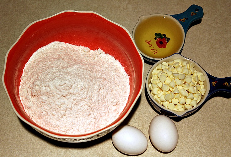 White Chocolate Chip Strawberry Cake Mix Cookies Ingredients in bowls