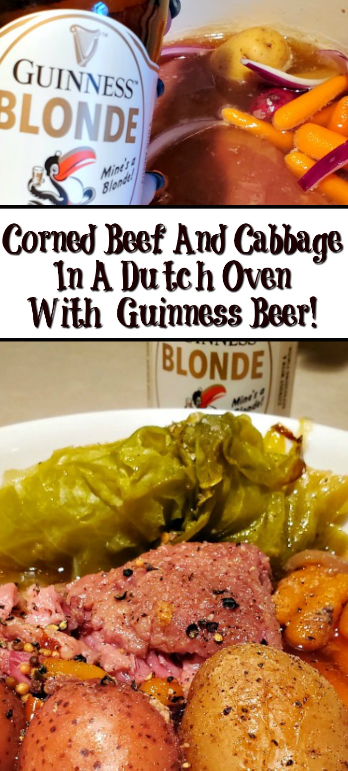This Corned Beef And CabbageIn A Dutch Oven With Guinness Beer! A tasty twist on a classic St Patricks day dinner, the blonde Guinness adds amazing flavor!