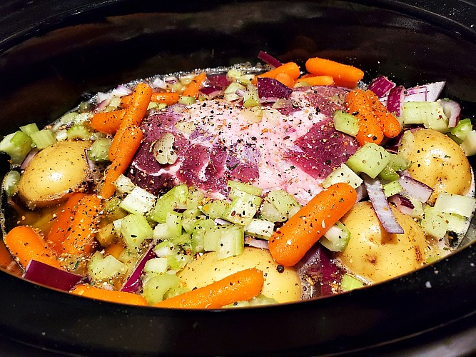 Guinness Crock Pot Pork Roast And Vegetables before cooking 