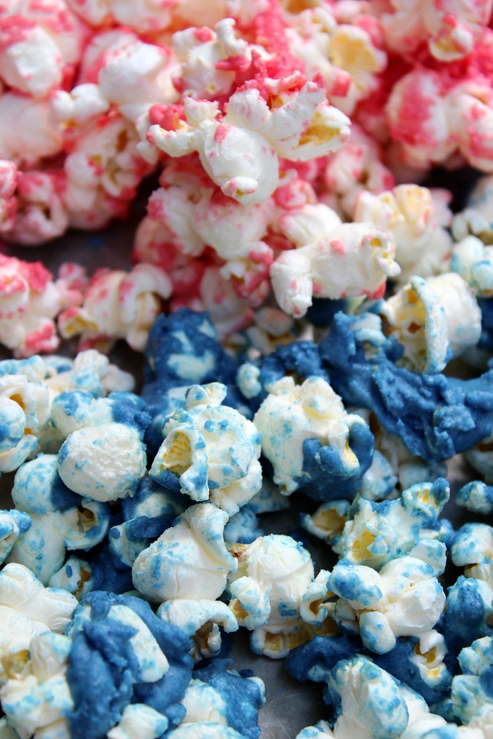 Red and blue colored popcorn 