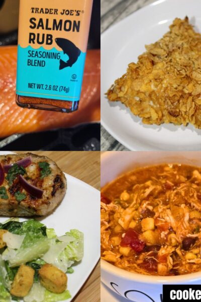 Photo Collage; air fryer salmon, ranch chicken, cuban pork chops, and chicken enchilada soup