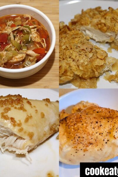Slow Cooker Chicken Fajita soup, ranch chicken, garlic chicken, and air fryer chicken breast in a collage
