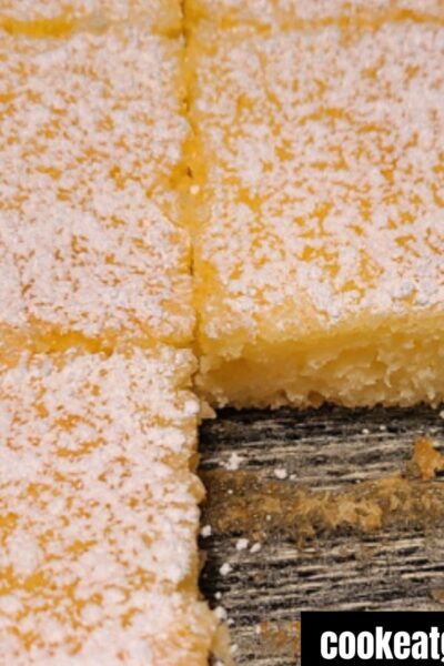 2 Ingredient Lemon Bars baked with pieces missing out of pan