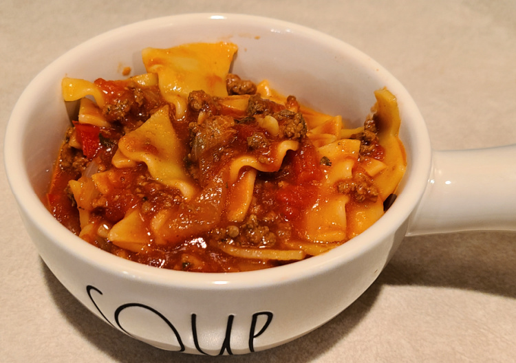 Cooked Crockpot Lasagna Soup  served in a bowl 