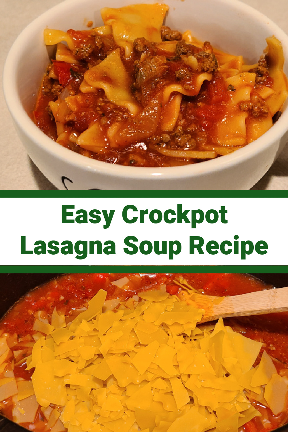 This Easy Crockpot Lasagna Soup Recipe is the perfect weeknight dinner! Comfort food ground beef and pasta can't be beaten for a filling easy dinner! You can change up the seasoning if you would like as well easily using base Italian seasonings. Add the cheese after to allow it to melt into the soup for a cheesy lasagna heavenly soup!