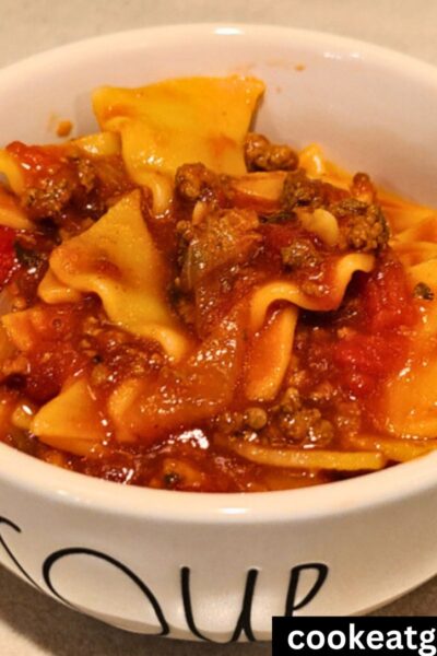 Easy Lasagna Soup Crock Pot served in a white bowl