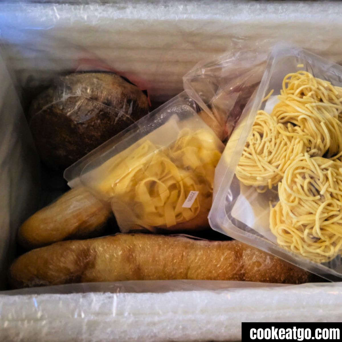 Contents of freezer box of wildgrain bread and pasta 
