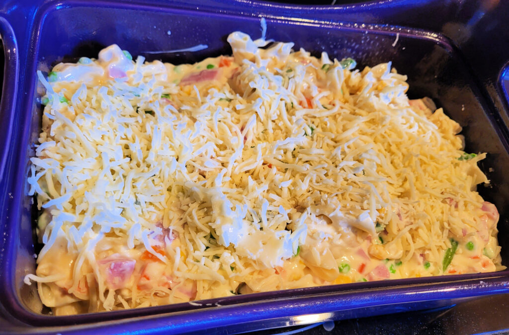 Cheesy Ham Noodle Casserole Assembled In Pan Before Baking