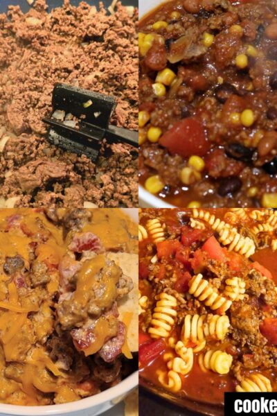 Collage of; ground beef cooking, crockpot beef chili, crockpot cheeseburger dip, and crockpot goulash