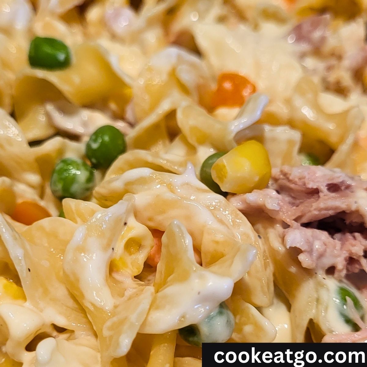 Leftover turkey mixed with creamy sauce, no yolk noodles, and mixed vegetables