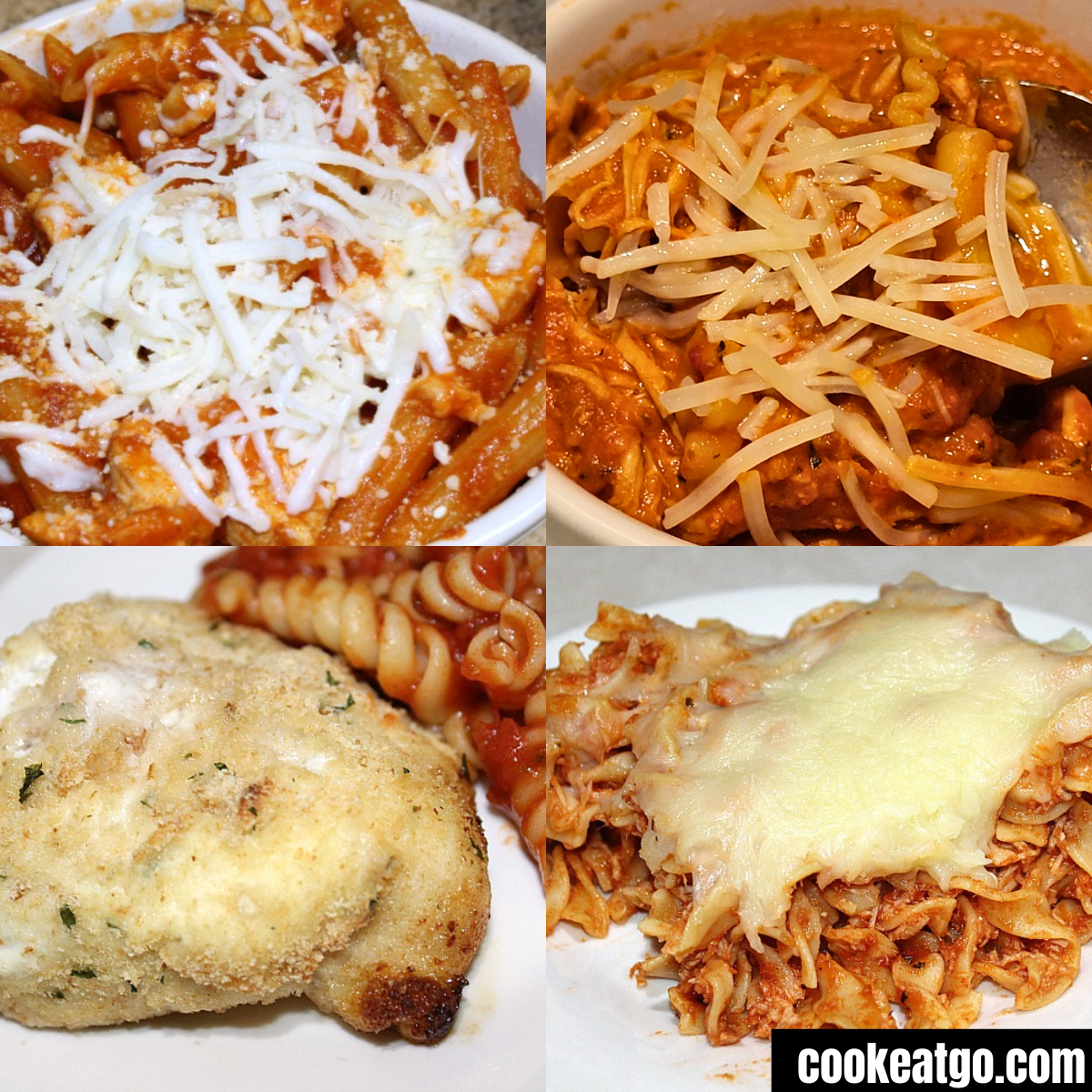Photo Collage of; Skillet Chicken Parmesan Served, Chicken parmesan Soup served, WW Chicken Parm served, and Chicken Parm bake