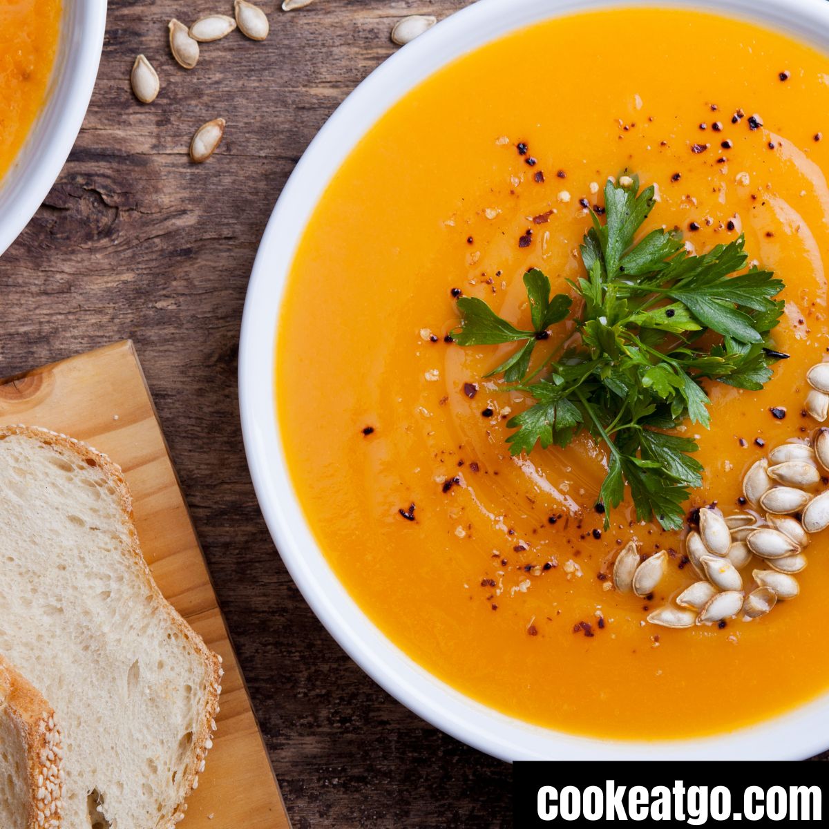 Pumpkin soup served in a white bowl as part of fall pumpkin recipes