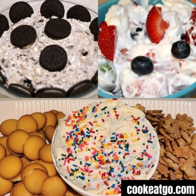 No bake dessert recipes of oreo fluff, cake batter dip, and fruit salad in a collage