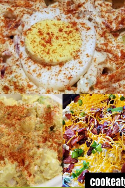 Collage of classic potato salad, loaded baked potato salad, and grandmas potato salad